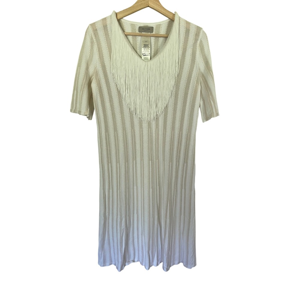 Falconeri Knit Dress Fringe‎ Detail Striped Short Sleeve Beige Cream Size S